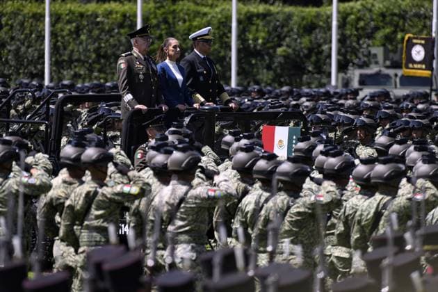 October 3, 2024, Mexico, Mexico, USA: Mexico s President Claudia Sheinbaum delivers a speech during her inauguration ceremony as the new Supreme Commander of the Mexican Armed Forces at Campo Marte in Mexico City on Thursday October 3, 2024. PRESIDENCIA POOL PI Mexico USA - ZUMAp124 20241003_zaa_p124_030 Copyright: xPresidenciax