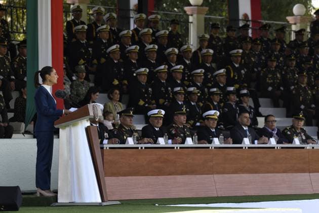 October 3, 2024, Mexico, Mexico, USA: Mexico s President Claudia Sheinbaum delivers a speech during her inauguration ceremony as the new Supreme Commander of the Mexican Armed Forces at Campo Marte in Mexico City on Thursday October 3, 2024. PRESIDENCIA POOL PI Mexico USA - ZUMAp124 20241003_zaa_p124_039 Copyright: xPresidenciax