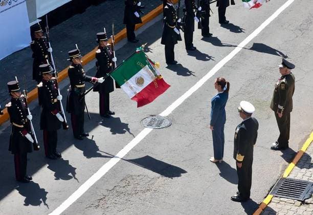 October 3, 2024, Mexico, Mexico, USA: Mexico s President Claudia Sheinbaum (C) flanked by Mexico s Defense Minister Ricardo Trevilla Trejo (L) and Secretary of the Navy Raymundo Pedro Morales Angeles (R) during the military inauguration ceremony of Claudia Sheinbaum as Supreme Commander-in-Chief of the Mexican Armed Forces, at the Campo Marte Military Camp, in Mexico City, Mexico on October 03, 2024. PRESIDENCIA POOL PI Mexico USA - ZUMAp124 20241003_zaa_p124_045 Copyright: xPresidenciax