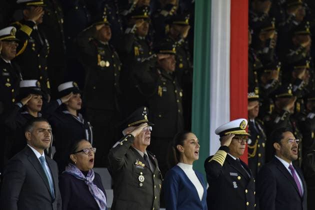 October 3, 2024, Mexico, Mexico, USA: Mexico s President Claudia Sheinbaum (C) flanked by Mexico s Defense Minister Ricardo Trevilla Trejo (L) and Secretary of the Navy Raymundo Pedro Morales Angeles (R) during the military inauguration ceremony of Claudia Sheinbaum as Supreme Commander-in-Chief of the Mexican Armed Forces, at the Campo Marte Military Camp, in Mexico City, Mexico on October 03, 2024. PRESIDENCIA POOL PI Mexico USA - ZUMAp124 20241003_zaa_p124_042 Copyright: xPresidenciax