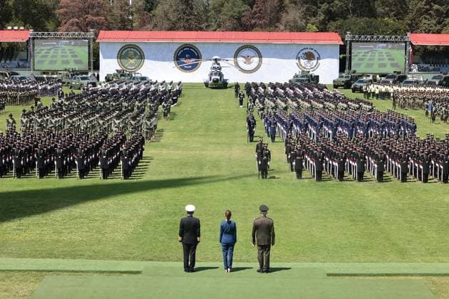 October 3, 2024, Mexico, Mexico, USA: Mexico s President Claudia Sheinbaum (C) flanked by Mexico s Defense Minister Ricardo Trevilla Trejo (L) and Secretary of the Navy Raymundo Pedro Morales Angeles (R) during the military inauguration ceremony of Claudia Sheinbaum as Supreme Commander-in-Chief of the Mexican Armed Forces, at the Campo Marte Military Camp, in Mexico City, Mexico on October 03, 2024. PRESIDENCIA POOL PI Mexico USA - ZUMAp124 20241003_zaa_p124_046 Copyright: xPresidenciax