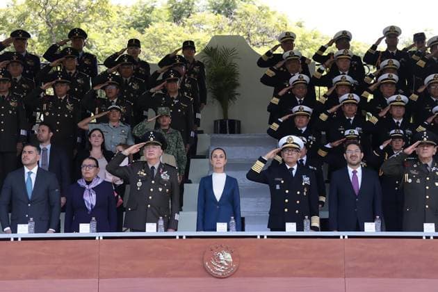 October 3, 2024, Mexico, Mexico, USA: Mexico s President Claudia Sheinbaum (C) flanked by Mexico s Defense Minister Ricardo Trevilla Trejo (L) and Secretary of the Navy Raymundo Pedro Morales Angeles (R) during the military inauguration ceremony of Claudia Sheinbaum as Supreme Commander-in-Chief of the Mexican Armed Forces, at the Campo Marte Military Camp, in Mexico City, Mexico on October 03, 2024. PRESIDENCIA POOL PI Mexico USA - ZUMAp124 20241003_zaa_p124_058 Copyright: xPresidenciax