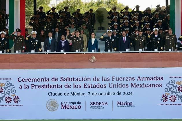 October 3, 2024, Mexico, Mexico, USA: Mexico s President Claudia Sheinbaum delivers a speech during her inauguration ceremony as the new Supreme Commander of the Mexican Armed Forces at Campo Marte in Mexico City on Thursday October 3, 2024. PRESIDENCIA POOL PI Mexico USA - ZUMAp124 20241003_zaa_p124_060 Copyright: xPresidenciax
