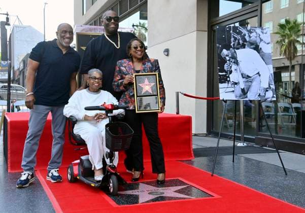 Dexter Redding and Killer Mike (L-R, rear) and Zelma Redding and Karla Redding-Andrews, (L-R, foreground), participate in a posthumous unveiling ceremony honoring the late entertainer Otis Redding with the 2,791st star on the Hollywood Walk of Fame on Friday, October 4, 2024.  LAP2024100414 JIMxRUYMEN