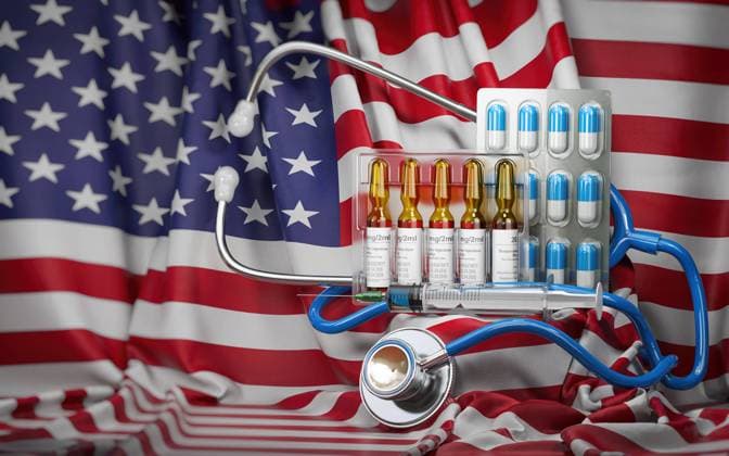 Healthcare, insurance and pharmacy in USA concept. Pills, vaccine, syrringe and stethoscope in US flag. Healthcare, insurance and pharmacy in USA concept. Pills, vaccine, syrringe and stethoscope in US flag. 3d illustration Copyright: xZoonar.com MaksymxYemelyanovx 19377855