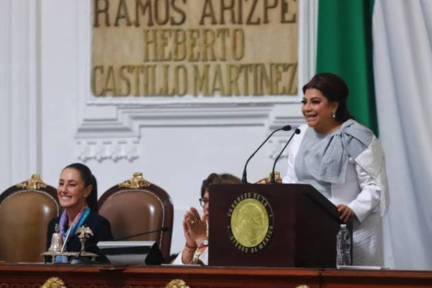 Clara Brugada Molina, speaking during the swearing-in ceremony as Mexico City Head of Government at the Congress of Mexico City. on October 5, 2024 in Mexico City, Mexico. Mexico City Mexico - ZUMAe321 20241005_zia_e321_061 Copyright: xCarlosxSantiagox
