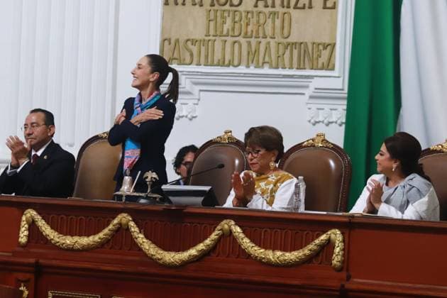 First female MexicoÃ¢â‚¬â ¢s Presiden Claudia Sheinbaum Pardo is seen during the Clara Brugada Molina sworn in ceremony as the new Mexico City Head of Government at the Congress of Mexico City. on October 5, 2024 in Mexico City, Mexico. Mexico City Mexico - ZUMAe321 20241005_zia_e321_084 Copyright: xCarlosxSantiagox