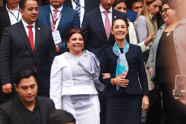 First female MexicoÃ¢â‚¬â ¢s President Claudia Sheinbaum Pardo and incoming Mexico City Head of Government Clara Brugada Molina leave after the swearing-in ceremony at the Congress of Mexico City. on October 5, 2024 in Mexico City, Mexico. Mexico City Mexico - ZUMAe321 20241005_zia_e321_094 Copyright: xCarlosxSantiagox