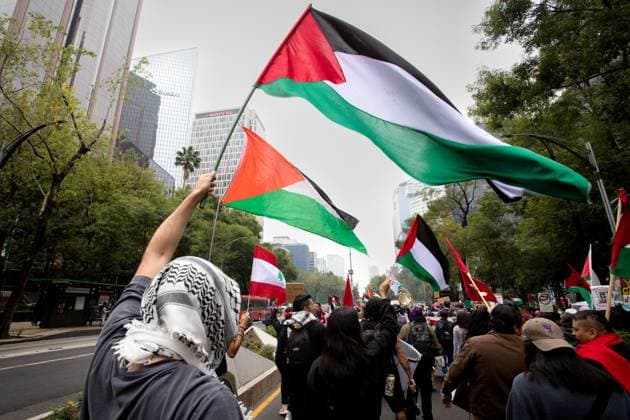 October 5, 2024, Mexico City, Mexico City, Mexico: Hundreds of pro-Palestinian supporters took to the streets of Mexico City to protest against the Israeli aggression a few days before the anniversary of the Hamas attack on Israelis. The march passed peacefully through the centre of the city. Mexico City Mexico - ZUMAl190 20241005_zip_l190_008 Copyright: xVaclavxLangx