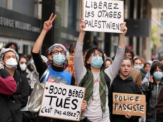 October 7, 2024, Montreal, Pq, CANADA: Attendees react during a pro-Palestinian demonstration on the anniversary of a Hamas attack on Israel that triggered the ongoing war in Gaza in front of Concordia University, in Montreal, Monday, Oct. 7, 2024. Montreal CANADA  - ZUMAc35_ 20241007_zaf_c35_021 Copyright: xChristinnexMuschix
