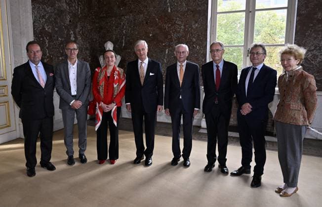 Baron Franqui, Professor Van de Walle, Professor Veronique Van Speybroeck, King Philippe - Filip of Belgium, Count Herman Van Rompuy, Professor Feringa, Professor Van Moerbeke and Baronne Foblets pose for the photographer a ceremony to award the Francqui-Collen Prize scientific awards for 2024, Tuesday 08 October 2024 in Brussels. The scientific prize, which is often referred to as the Belgian Nobel Prize , is awarded by The Francqui Foundation and is worth 250.000 euros. The King awards the Prix Francqui 2024 in Exact Sciences to Professor Van Speybroeck of Ghent University. Van Speybroeck receives the award for her work on the computational modeling of catalytic processes in nanoporous materials.  ERICxLALMAND 102145871