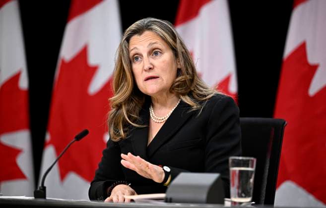 October 8, 2024, Ottawa, On, CAN: Deputy Prime Minister and Minister of Finance Chrystia Freeland speaks at a news conference on the government s economic plan, at National Press Theatre in Ottawa, on Tuesday, Oct. 8, 2024. Ottawa CAN  - ZUMAc35_ 20241008_zaf_c35_010 Copyright: xJustinxTangx
