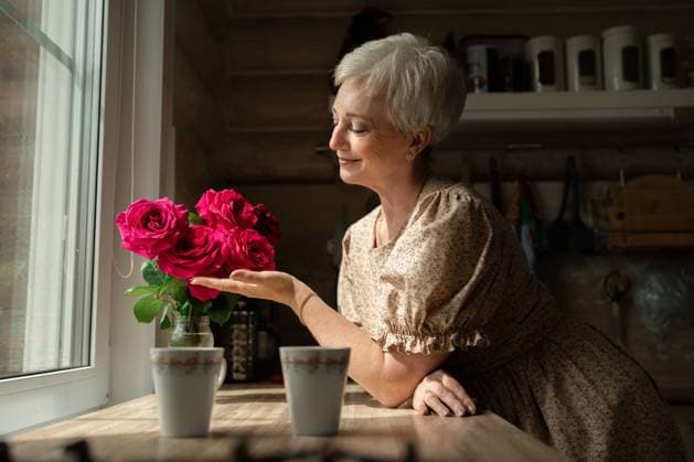 Creative Highlights Symbolfotos Side view of a mature woman with short gray hair smiles gently while holding and admiring a bouquet of vibrant roses by a window in a rustic kitchen setting Model Released Photodiod_ID24069_697149_004 Copyright: xPhotodiodx