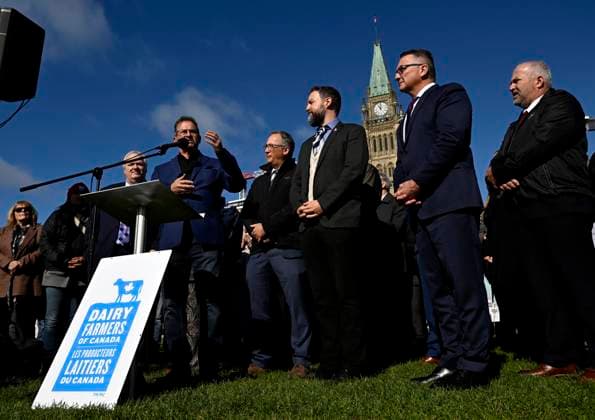 October 10, 2024, Ottawa, On, CAN: Bloc Quebecois Leader Yves-Francois Blanchet speaks at a news conference on the lawn of Parliament Hill in Ottawa, on Thursday, Oct. 10, 2024. Members of Parliament from the Bloc Quebecois, NDP, Liberal and Green Parties, federal cabinet ministers and agriculture producers participated in the event to urge the Senate to pass Bill C-282 on supply management. Ottawa CAN - ZUMAc35_ 20241010_zaf_c35_055 Copyright: xJustinxTangx