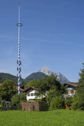 Maibaum, Zunftbaum des Handwerks, hinten Wettersteingebirge, Mittenwald, Werdenfelser Land, Oberbayern, Bayern, Deutschland, Europa Maypole, craft guild tree, behind Wetterstein mountains, Mittenwald, Werdenfelser Land, Upper Bavaria, Bavaria, Germany, Europe Copyright: imageBROKER WilfriedxWirth ibxdwh11526299.jpg