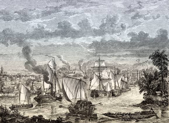 Die Schiffe von Generalmajor Sir Henry Havelock auf dem Ganges, Indischer Aufstand von 1857 The ships of Major General Sir Henry Havelock at the Ganges River, Indian Rebellion of 1857 Copyright: imageBROKER Heinz-DieterxFalkens iblhfa11526753.jpg