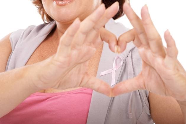 Woman, ribbon and heart hands for breast cancer awareness, love or care against a white studio background. Closeup of female person with like emoji, symbol or gesture in support or community campaign. model released property released Copyright: xwww.peopleimages.comx