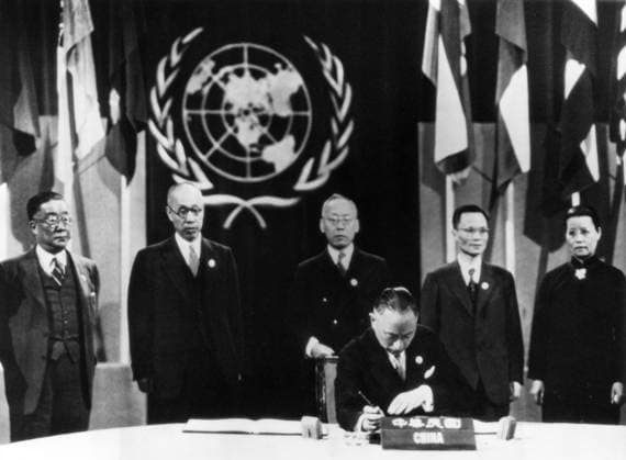 Orig caption CHINA IS FIRST TO SIGN WORLD SECURITY CHARTER San Francisco, Calif Wellington Koo, minister for foreign affairs for China w  Copyright: xXxXxXx UN DECLARATION 1945