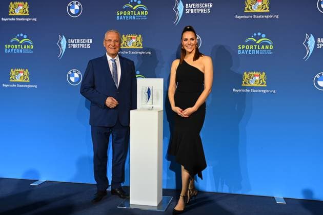 Joachim HERRMANN Bavarian Minister of the Interior , Esther SEDLACZEK, Bavarian Sports Award 2024 at BMW Welt, Red Carpet on 12 10 2024