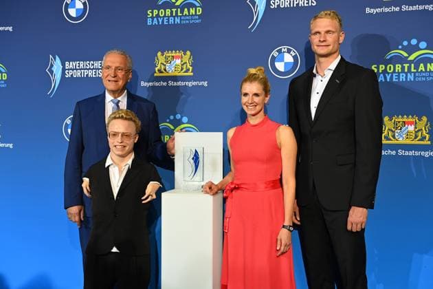 from left Joachim HERRMANN Bavarian Minister of the Interior, Josia Topf, Jessica von Bredow Werndl, Oliver Zeidler Bavarian Sports Award 2024 at BMW Welt, Red Carpet on 12 10 2024