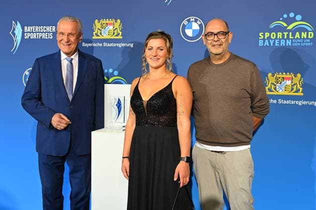 from left Joachim HERRMANN Bavarian Minister of the Interior , Ramona Hofmeister,Hannes Ringlstetter cabaret artist Bavarian Sports Award 2024 at BMW Welt, Red Carpet on 12 10 2024