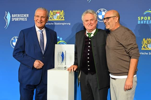 from left Joachim HERRMANN Bavarian Minister of the Interior , Sepp MAIER ,Hannes Ringlstetter cabaret artist Bavarian Sports Award 2024 at BMW Welt, Red Carpet on 12 10 2024