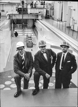 STOCKHOLM 1963 06 26 From left Ingvar Wivstrand, Technical Director at Vattenfall, E Göthe Malmlöw, Technical Director at AB Atomenergi and Curt Mileikowsky, Vice President at ASEA standing in the Agesta plants reactor hall R3 Adam in Huddinge, Stockholm on June 26, 1963, which will produce district heating for the district of Farsta Agesta plant is Swe  Copyright: xRagnhildxHaarstad SvD TTx AGESTAVERKET 1963