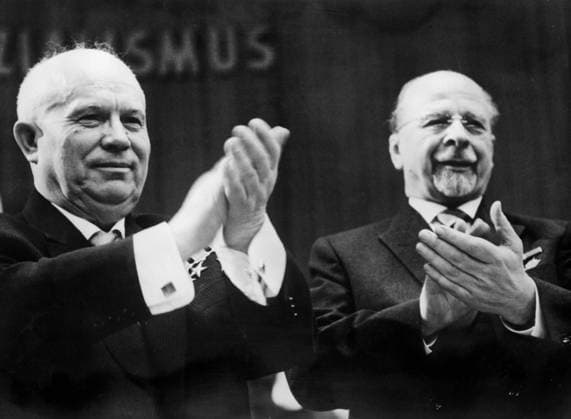 Orig. caption... GERMANY WILL BE ONE UNDER COMMUNISM The Soviet leader, Mr. Nikita Krushchev, has been visiting East Germany where he addressed the sixth Communist Party Congress in Berlin. He promised the Germans that their country would, one day, be one under Communism. He also called on the people to work, work, and work again. This picture shows Mr. Krushchev and Herr Walter Ulbricht (right) after the conference. Note Applause Communism Khrustjev persons: Nikita Khrushchev ;Walter Ulbricht sites: BERLIN ;SOVIET UNION* ;EAST GERMANY sp_sw x5600x *** Orig caption GERMANY WILL BE ONE UNDER COMMUNISM The Soviet leader, Mr Nikita Krushchev, has been visiting East Germany where he addressed the sixth Communist Party Congress in Berlin He pr  Copyright: xXxXxXx CHRUSJTJ0V AND ULBRICHT