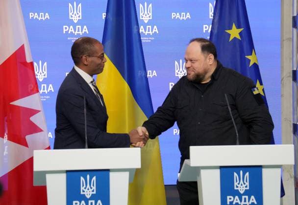 KYIV, UKRAINE - OCTOBER 14, 2024 - Speaker of the Verkhovna Rada of Ukraine Ruslan Stefanchuk (R) shakes hands with Speaker of the House of Commons of the Parliament of Canada Greg Fergus during their joint news conference in Kyiv, capital of Ukraine. News conference of Ukrainian Speaker and Canadian House of Commons Speaker in Kyiv  Copyright: xEugenxKotenkox