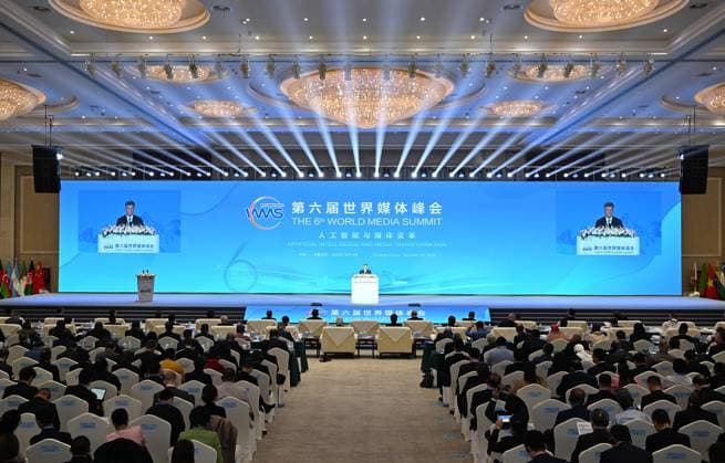 (241014) -- URUMQI, Oct. 14, 2024 -- The 6th World Media Summit opens in Urumqi, capital city of northwest China s Xinjiang Uygur Autonomous Region, Oct. 14, 2024. Themed Artificial Intelligence and Media Transformation, the summit gathered over 500 participants from 106 countries and regions, including representatives of 208 mainstream media outlets, government agencies and international organizations. ) CHINA-XINJIANG-URUMQI-WORLD MEDIA SUMMIT-OPENING (CN) LixXiang 