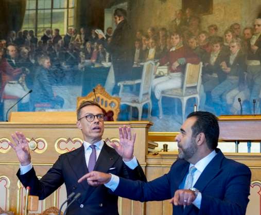 The Finnish presidential couple visit Oslo Oslo 20241015 Finnish President Alexander Stubb left meets the President of the Parliament Masud Gharahkhani and the Foreign Affairs and Defense Committee at the Storting in Oslo Photo Heiko Junge NTB POOL Oslo Norway 1052553677st EDITORIAL USE ONLY Ref BNC POL1052553677st jpg  Copyright: xHeikoxJungex xNTBx