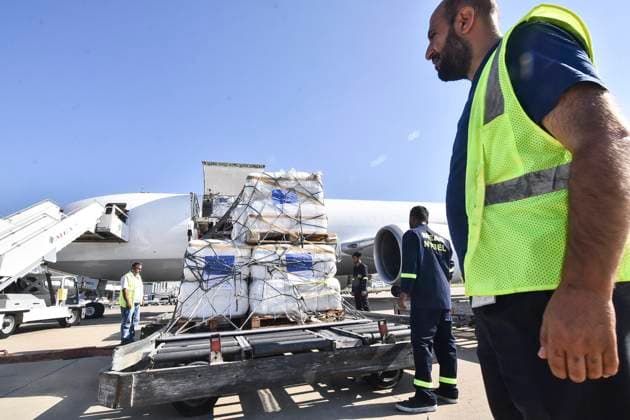 Humanitarian Aid In Lebanon Workers unload a humanitarian aid shipment provided by the European Union at the Beirut International Airport in Beirut, Lebanon, on October 15, 2024. Israel increases its strikes on what it says are sites for the Lebanese militant group Hezbollah and its allies since September 23, following almost a year of cross-border fire, resulting in the deaths of more than 1,200 people and the displacement of around a million from their homes. beirut Lebanon  Copyright: xFadelxItanix originalFilename: itani-notitle241015_npgqm.jpg