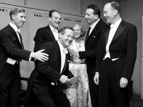 Original caption... THE NOBEL PRIZE CEREMONY IN THE CONCERT HALL, STOCKHOLM. Stockholm, December 10th, 1964. From the presentation of the Nobel Prize awards in the Concert Hall in Stockholm tonight: Left to right are: Konrad Bloch, U.S.A., Medicine Prize winner, Nikolaj Basov, Soviet, Physics Prize, Feodor Lynen, Germany, Medicine Prize, Dorothy Crowfoot-Hodgkin, Chemistry, Alexander Prochorov, Physics, Soviet, and Charles H.Townes, U.S.A. Physics. Note Konrad Bloch and Feodor Lynen - Nobel Prize in Medicine 1964. Dorothy Crowfoot-Hodgkin - Nobel Prize in Chemistry 1964. Nikolaj G Basov, Alexander M Prochorov and Charles H Townes - Nobel Prize in Physics 1964. persons: Dorothy Crowfoot-Hodgkin ;Feodor Lynen ;Konrad Bloch ;Nikolaj Basov site  Copyright: xXxXxXx NOBEL PRIZE WINNER 1964