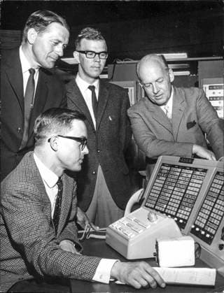 STOCKHOLM 1963 07 16 Test start of Agestaverket, R3 Adam, Swedens first nuclear power plant in Huddinge outside Stockholm, which will supply district heating to the building in Farsta During the commissioning of the reactor, operations manager Nils Rydell reads the control panels instruments in front of standing from lef  Copyright: xSvenskaxDagbladet TTx AGESTAVERKET 1963