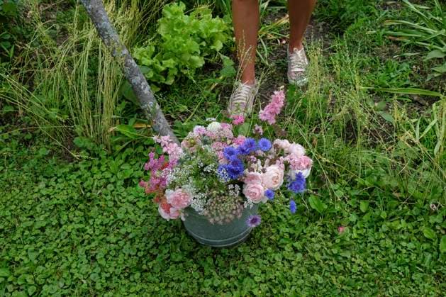 Creative Highlights Symbolfotos A person stands in a lush garden holding a metal bucket blooming with a colorful assortment of flowers. arah00758 Copyright: xConnectxImagesx ,model released
