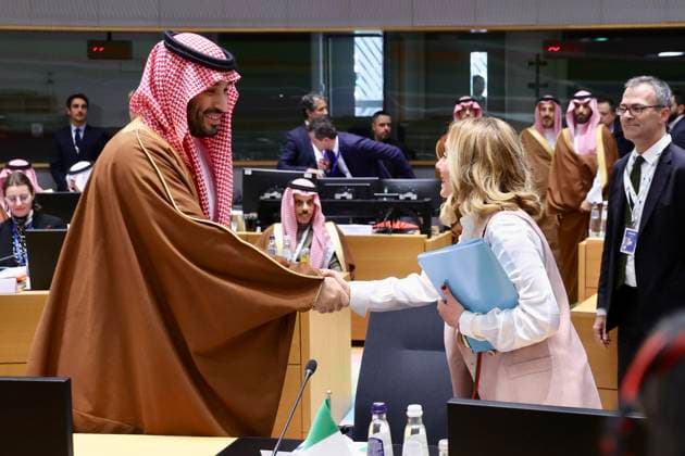 October 16, 2024, Brussels: An handout image provided by Italian governmemt press office shows Italy s Prime Minister Giorgia Meloni attending a EU - Gulf Cooperation Council (GCC) summit in Brussels, 16 October 2024. .ANSA FILIPPO ATTILI- UFFICIO STAMPA PALAZZO CHIGI Brussels  - ZUMAa110 20241016_zaf_a110_026 Copyright: xFilippoxAttilix