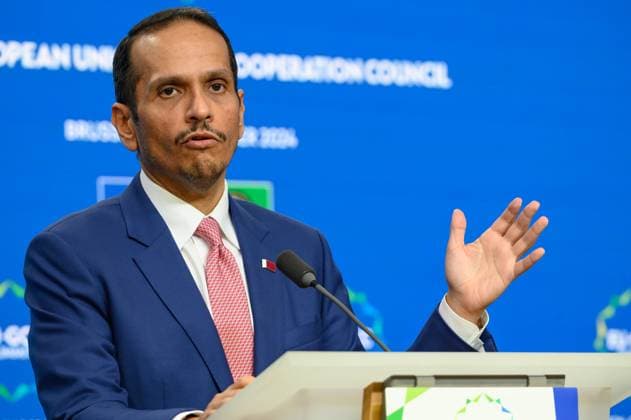 EU-Gulf - Council Summit - Joint Press Statement Qatar s Prime Minister and Foreign Affairs Minister Sheikh Mohammed bin Abdulrahman bin Jassim Al Thani addresses a press conference during the EU - Gulf Cooperation Council (GCC) summit in Brussels - Belgium on October 16, 2024. Jonathan Raa Nurphoto Brussels Belgium  Copyright: xJonathanxRaax originalFilename: raa-eugulfco241016_npabA.jpg
