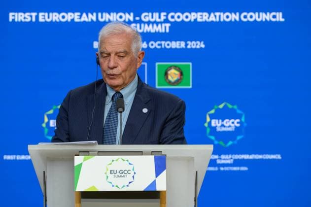 EU-Gulf - Council Summit - Joint Press Statement European Union High Representative for Foreign Affairs and Security Policy Josep Borrell addresses a press conference during the EU - Gulf Cooperation Council (GCC) summit in Brussels, Belgium, on October 16, 2024. Brussels Belgium  Copyright: xJonathanxRaax originalFilename: raa-eugulfco241016_npW8W.jpg