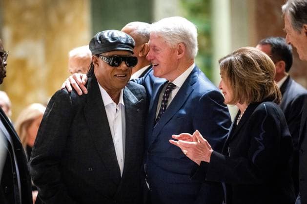 Musician Stevie Wonder (L) greets former US president Bill Clinton after Wonder sang at a memorial service for Ethel Kennedy, the widow of Robert F. Kennedy, at the Cathedral of St. Matthew the Apostle in Washington, DC, USA, 16 October 2024. Kennedy died on October 10 at 96 years old. Copyright: xCNPx xMediaPunchx