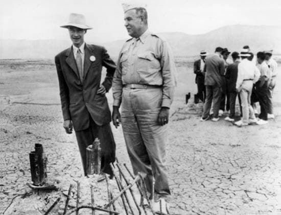 Original caption... All that s left of atomic base tower. Los Alamos, New Mexico...Dr.J.Oppenheimer, of the university of California and director of the Las Alamos atomic bomb test project, and major general Leslie E. Groves, chief of Manhattan engineering district, stand alongside the remains of the tower from which the atomic test was set off 40 miles west of Carrimozo, New Mexico. Orig. caption... THEY DIRECTED ATOMIC TEST BLAST IN NEW MEXICO. Carrizozo, New Mexico. Here are Dr. J. R. Oppenheimer left, of the university of California, and major gen. Leslie E. Groves, Chief of the Manhattan engineering district looking at the base of the tower on which the atomic bomb was suspended during the test explosion in the obscure mountain range f  Copyright: xXxXxXx ATOMIC BOMB TEST IN NEW MEXICO
