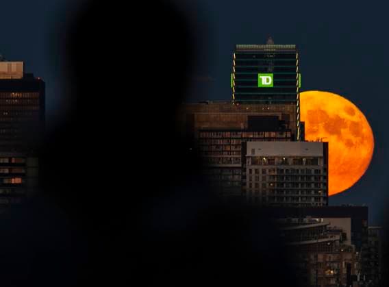 (241018) -- TORONTO, Oct. 18, 2024 -- The full moon rises over the skyline in Toronto, Canada, on Oct. 17, 2024. (Photo by Xinhua) CANADA-TORONTO-FULL MOON ZouxZheng 
