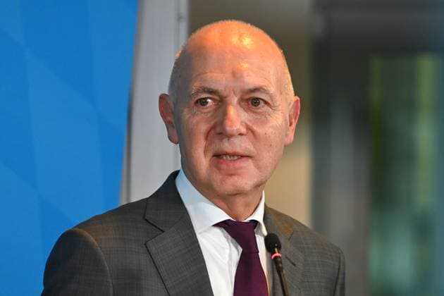 Bernd NEUENDORF DFB President, single image, cropped single motif, portrait, portrait Press conference following the top-level discussion on violence in football Members of the Sports and Interior Ministers Conference meet representatives of DFL and DFB in Munich on 18 10 2024
