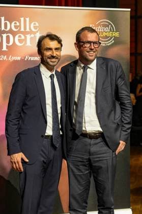 Grégory Doucet and Cédric Van Styvendael at the Lumière Festival 2024 award ceremony in Lyon on 18 10 2024 Photo Sandrine Thesillat Panoramic PEOPLE Price Lumiere Festival Lumiere 2024 Lyon 10 18 2024 SandrineThesillat Panoramic 