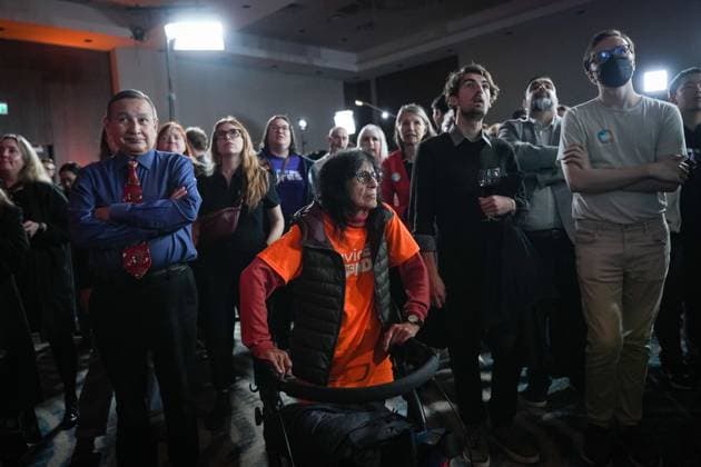 October 19, 2024, Vancouver, Bc, CANADA: B.C. NDP supporters including Grand Chief Stewart Phillip, left, President of the Union of B.C. Indian Chiefs, watch results come in on election night in Vancouver, on Saturday, October 19, 2024. Vancouver CANADA - ZUMAc35_ 20241019_zaf_c35_152 Copyright: xDarrylxDyckx