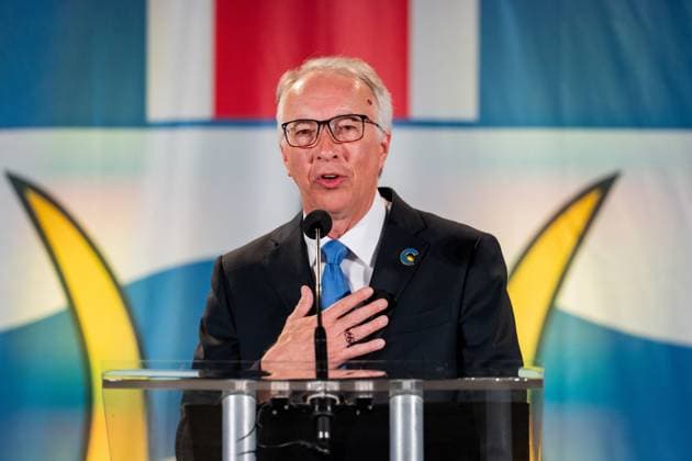 October 19, 2024, Vancouver, Bc, CANADA: B.C. Conservative Leader John Rustad addresses supporters on election night in Vancouver, on Saturday, October 19, 2024. Vancouver CANADA  - ZUMAc35_ 20241019_zaf_c35_203 Copyright: xEthanxCairnsx