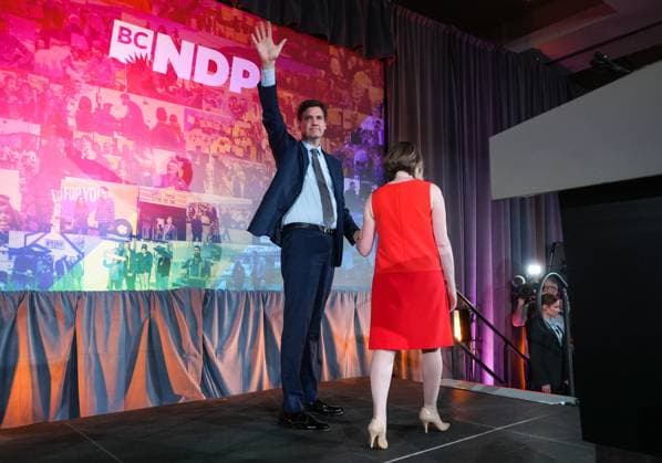 October 19, 2024, Vancouver, Bc, CANADA: B.C. NDP Leader David Eby and his wife Cailey Lynch leave the stage after he addressed supporters on election night in Vancouver, on Saturday, October 19, 2024. Vancouver CANADA  - ZUMAc35_ 20241019_zaf_c35_229 Copyright: xDarrylxDyckx