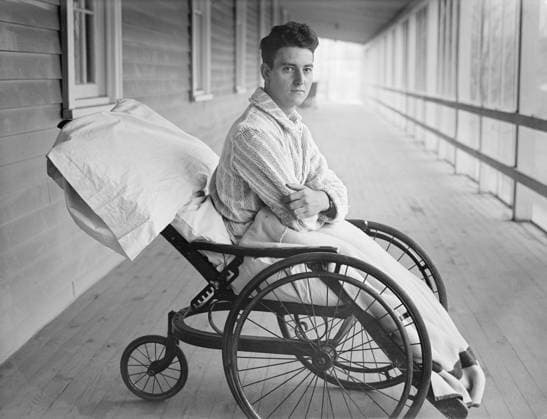 RECORD DATE NOT STATED Young Veteran Soldier in Wheelchair on Porch, Walter Reed General Hospital, Washington DC, USA, circa 1915 Young Veteran Soldier in Wheelchair on Porch, Walter Reed General Hospital, Washington DC, USA, circa 1915. Copyright: 1010_33_ghi-circa01007