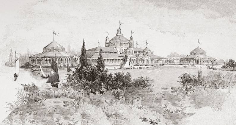 RECORD DATE NOT STATED The World s Columbian Exposition. The World s Columbian Exposition, aka World s Fair: Columbian Exposition, Chicago World s Fair and Chicago Columbian Exposition. A world s fair held in Chicago in 1893 to celebrate the 400th anniversary of Christopher Columbus s arrival to the New World in 1492. The Fisheries building. From La Ilustracion Espanola y Americana, published 1892. Copyright: KenxWelshx xDesignxPics 902_05_13253570HighRes