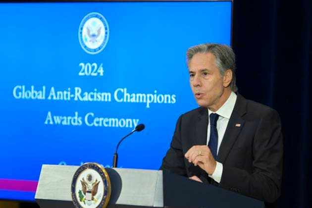 DC: Sec Blinken hold a Secretary of State s Award for Global Anti Racism Champions ceremony US State Department Secretary Antony Blinken delivers remarks and presents awards during a Secretary of State s Award for Global Anti-Racism Champions ceremony at State Department Headquarters in Washington DC, USA, on October 21, 2024. WASHINGTON DC USA  Copyright: xLeninxNollyx originalFilename: nollyaraujo-dcsecbli241021_npZJz.jpg