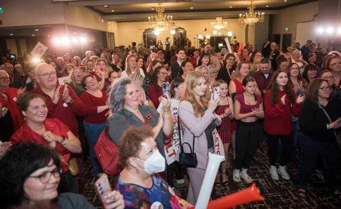 October 21, 2024, Fredericton, Nb, Canada: Supporters listen to New Brunswick Liberal Leader and premier-elect Susan Holt, in Fredericton, Monday, Oct. 21, 2024. Fredericton Canada  - ZUMAc35_ 20241021_zaf_c35_123 Copyright: xStephenxMacgillivrayx